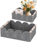 iEGrow Paper Rope Small Storage Baskets for Organizing, Set of 2 Scalloped Edge Wicker Basket with Wooden Handles Toilet Paper Basket for Over Toilet Storage Shelf, Home Decor, Living Room (Grey)