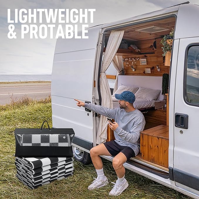 GOTGELIF Checkered RV Mat - 9x18FT, Reversible & Water-Resistance & Portable for RV Trips, Picnic, Camping, Outdoor, Garden, Patio - Black and White Checkered