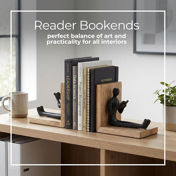 Sagebrook Home Set of 2 Decorative Bookends - Metal & Wood Reader Figurine - Boho Style Bookshelf Decor for Home & Office - 6" Brown & Black