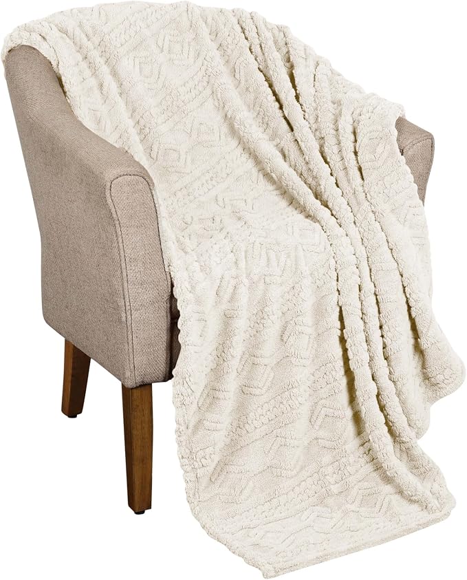 Superior Fleece Boho Jacquard Blanket, Decorative Blankets for Bedroom, Sofa, Fuzzy, Plush, Fluffy, Soft, Cute Room Decor, Beautiful Cover, Comfort Essentials, Arctic Collection, Full/Queen, Ivory