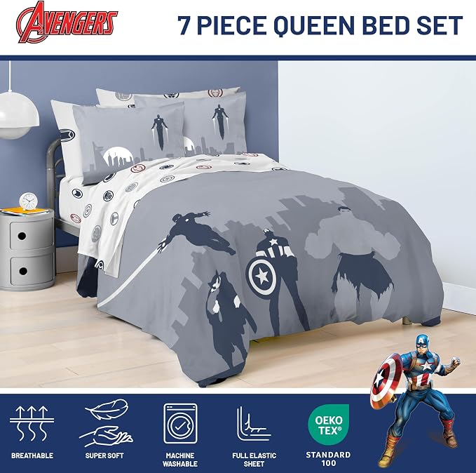 Marvel Avengers Queen Comforter Set 7 Piece Bedding for Boys, Blue | Captain America Iron Man, Bed in a Bag, Comforter Sheets Shams Pillowcases, Soft Microfiber, Machine Washable, Boys Gift