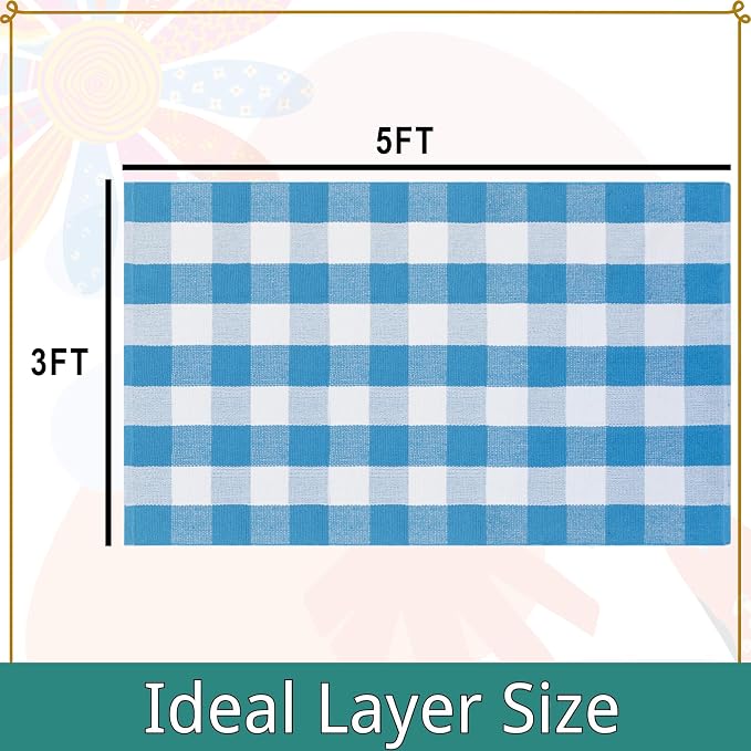 Buffalo Plaid Outdoor Rugs, 3'x5' Blue and White Checkered Indoor Outdoor Area Rug, Layering Rug for Welcome Door Mat, Washable Cotton Woven Farmhouse Mat for Spring Easter Front Porch Décor