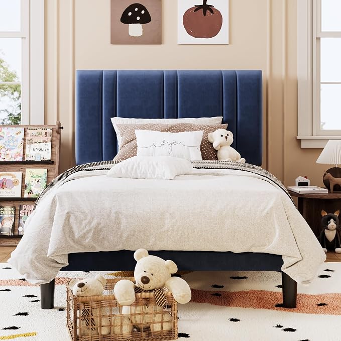 SHA CERLIN Twin Size Velvet Bed Frame with Adjustable Headboard, Blue | Vertical Channel Tufted Design, Upholstered Platform Bed, Wood Slats Support/No Box Spring Needed/Easy Assembly