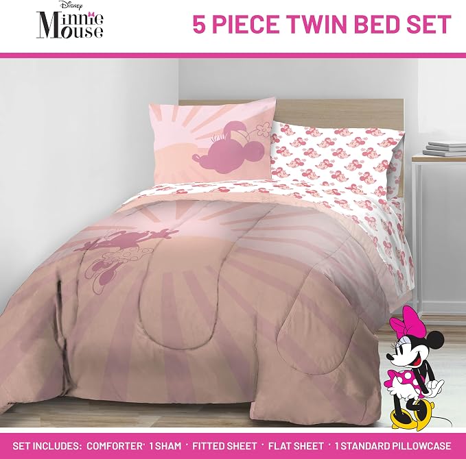 Disney Minnie Mouse Twin Comforter Set 5 Piece Bedding for Girls, Pink | Bed in a Bag, Comforter Sheets Sham Pillowcase, Official Product, Soft Microfiber, Machine Washable, Easy Care, Girls Gift