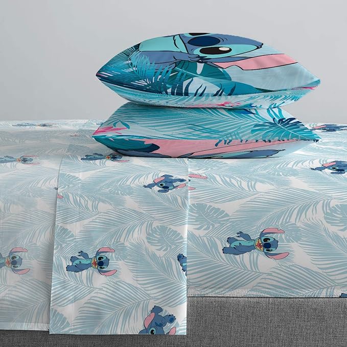 Jay Franco Kids Sheet Set with Fitted, Flat Sheets & Pillow Cover - Ultra-Soft Bedding with Pillowcase for Room Decor, Teal - Lilo & Stitch, 4 Piece Full