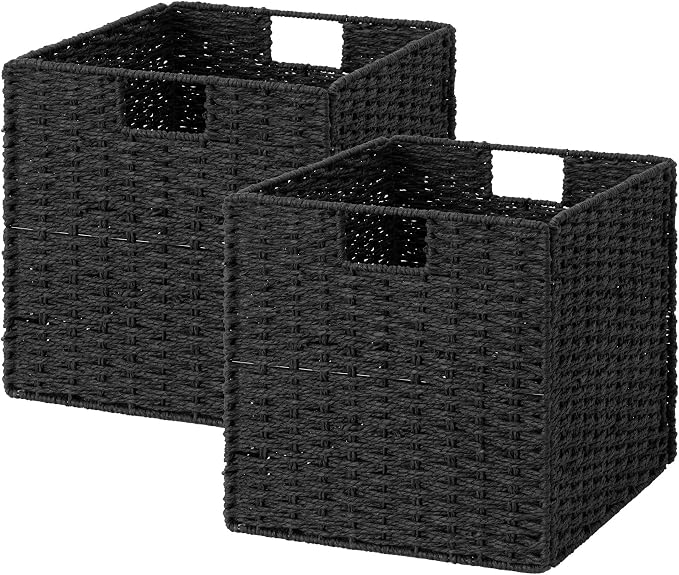 StorageWorks 13 inch Black Wicker Baskets for Storage,Foldable Black Basket | 2-Pack,Handwoven Wicker Storage Baskets for Organizing,Square Storage Cubes,Black Storage Bins,Paper Rope Square Baskets