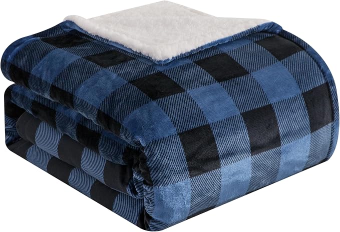 Elegant Comfort Ultra Soft Reversible Buffalo Plaid Flannel Sherpa Blanket - Cozy Silky Checkered Fleece Throw for Couch, Bed - Plush Fuzzy Warm Winter Blanket for Gift, Twin, Blue