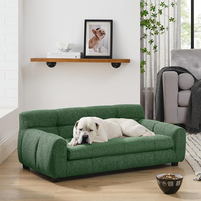 Dog Couch Bed, 38" Sofa for Dogs with Backrest and Armrest, Durable Pet Sofa with Soft Foam Cushion, Elevated Dog Couch Bed with Legs for Medium Dogs, Emerald Green