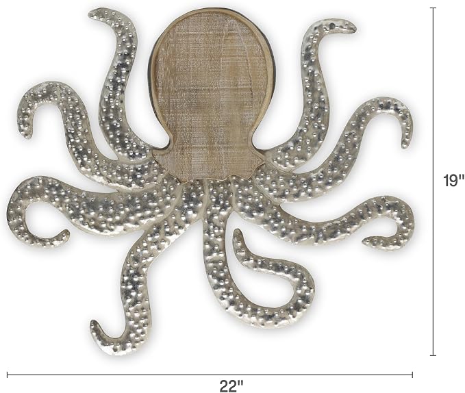 Elements Metal and Wood Octopus Wall Decor - 22 x 19 Inch Coastal Nautical Art Piece with Elegant Metal Tentacle Details - Neutral Tone Wooden Ocean Wall Art for Living Room, Bedroom, or Bathroom