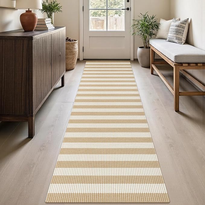 Rugalia Washable Woven Hallway Runner Rug, 2x8 Natural Beige Striped Cotton Rug Runners for Entryway Non-Slip Long Kitchen Mat, Modern Neutral Throw Runner Carpet for Outdoor Porch Laundry