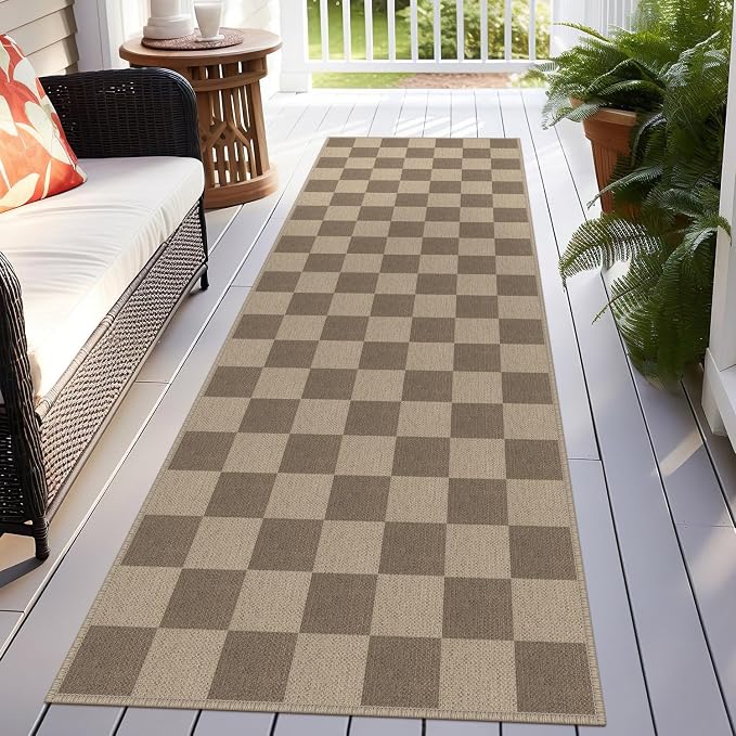 Rugalia Easy Jute Checkered Runner Rug, 2.6x8 Brown Modern Washable Rugs Runner for Hallway Non-Slip Kitchen Runner Rug, Geometric Checkerboard Indoor Outdoor Carpet for Porch Laundry Entryway