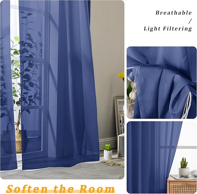 Gwine Royal Blue Sheer Kitchen Curtains 36 Inch Length, Light Filtering Voile - Image 3