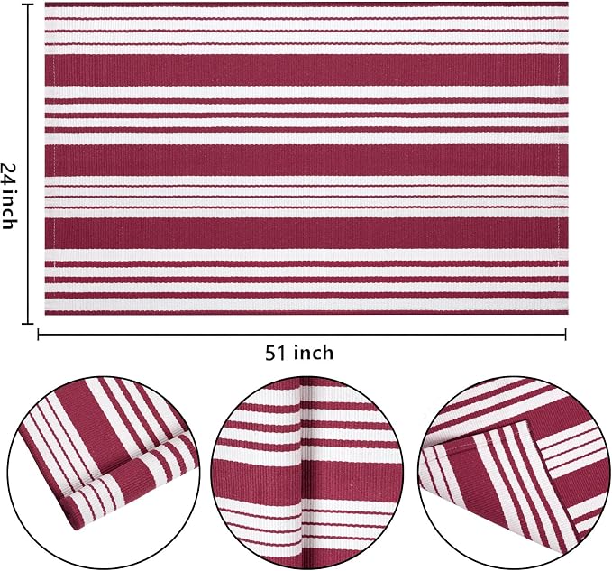 Red and White Striped Rug 24'' x 51'' Front Porch Rug Hand-Woven Machine Washable Indoor/Outdoor Layered Door Mats for Entryway/Bedroom/Outdoor