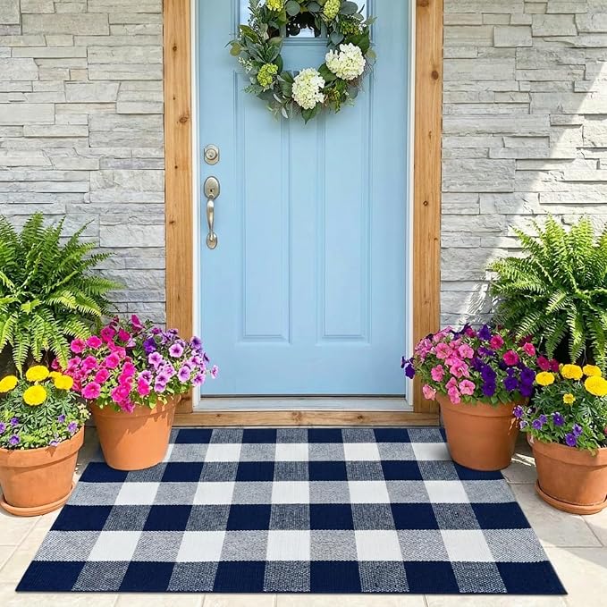 Buffalo Plaid Outdoor Rug 27.5" x 43" Navy Blue and White Checkered Area Rug Washable Doormats Indoor Outdoor Rugs for Layered Front Door Mats, Porch, Entryway, Kitchen, Farmhouse