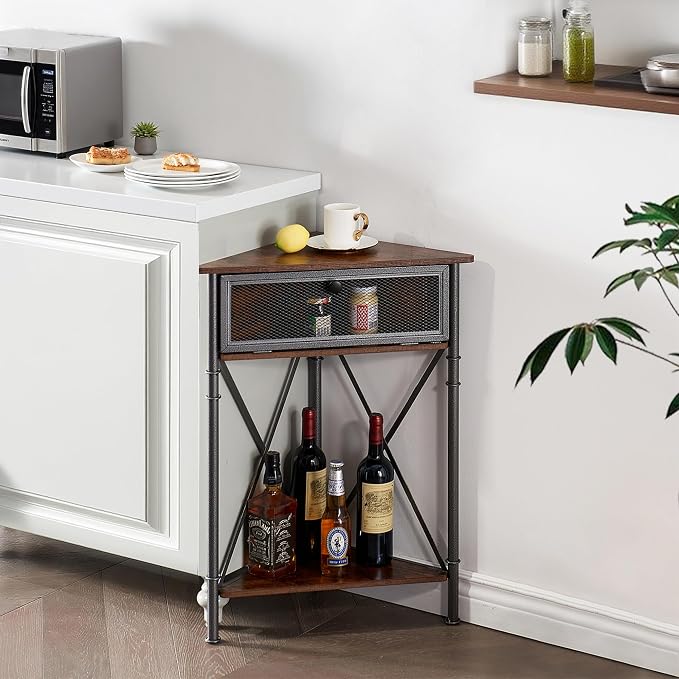VECELO Corner Cabinet/Table, 3-Tier Display Shelves with Protection Door, Metal Frame Storage Shelf Organizer for Small Space, Living Room, Kitchen, Bathroom