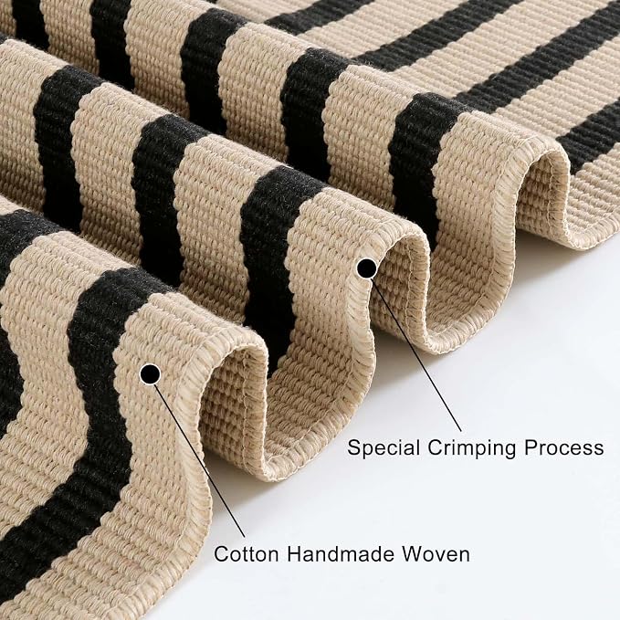 OJIA Outdoor Porch Rug Front Door Mat 24"x51", Black and Tan Striped Rugs | Washable Outdoor Rugs Front Door Rugs Cotton Woven Kitchen Rugs Small Area Rugs for Entryway/Patio/Outside Entrance Decor