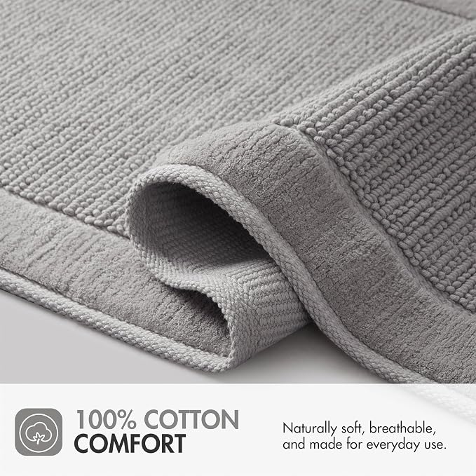 Madison Park Sanctuary 100% Cotton Non-Slip Bath Rug, 17x24 Inch, Grey | Low-Profile Woven Design, Ultra Soft Absorbent & Machine Washable, Ideal for Bathroom Bedroom and Entryway Decor