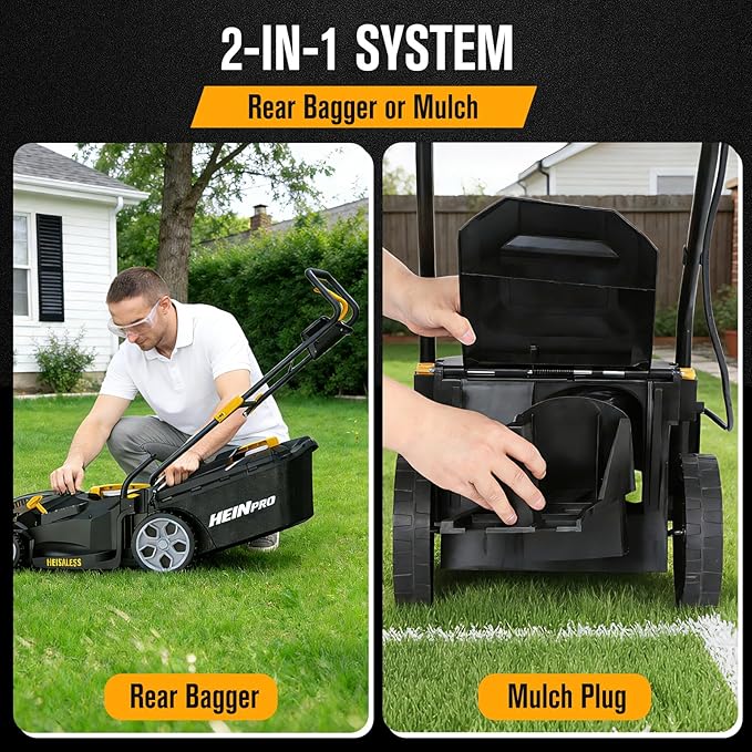 HEINPRO Cordless Lawn Mower Compatible with Dewalt 20V MAX Battery | 14", 2-in-1 Brushless Electric Lawn Mower for Small Yards, Push Mowers with 5-Position Height Adjustment, Black (Tool Only)