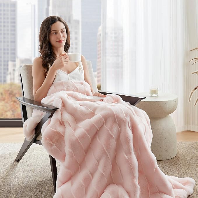 Madison Park Vivienne Faux Fur Throw Blanket Velvet, 50 x 60, Pink | All Season, Cozy Warmth for Sofa or Bed, Reversible, Lightweight, OEKO-TEX Certified