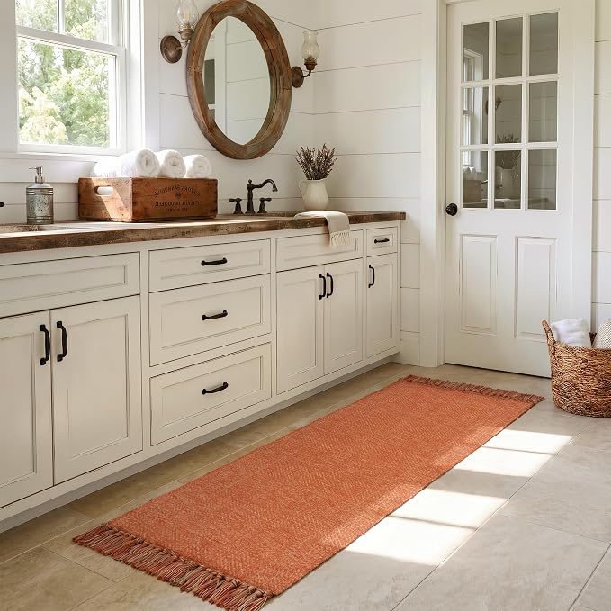 Collive 2' x 6' Kitchen Runner Rug, Modern Farmhouse Washable Bathroom Mat, Hand-Woven Hallway Runner Rugs Reversible Bedroom Carpet for Laundry Entryway Terracotta Fall Decor