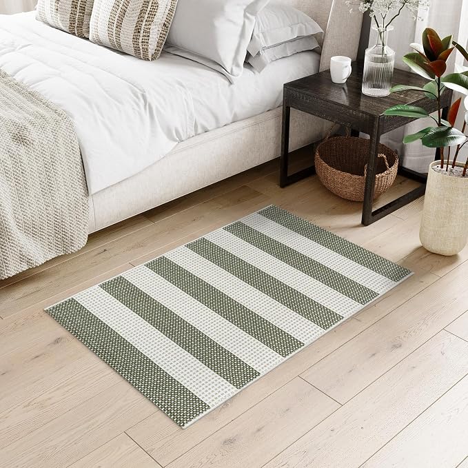 Green and White Striped Rug-2x3 Front Door Mat Outdoor,Washable Reversible Porch Rug Cotton Hand-Woven Spring Doormat, Foldable Layered Door Mats for Entryway/Farmhouse