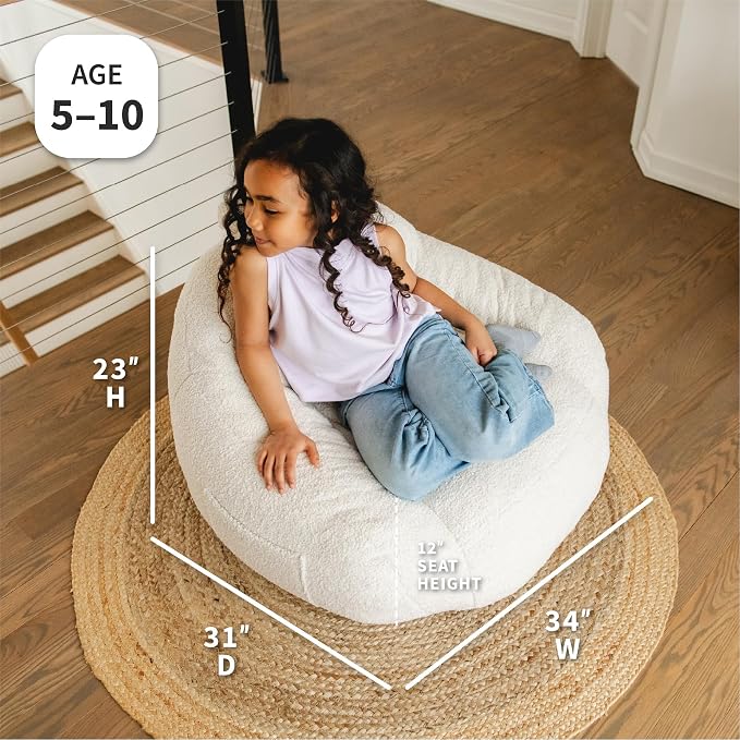 Big Joe Cloudberry Bean Bag Chair, Foam-Filled Structured Seat, Teddy Boucle, Icing, Kids | Premium Shredded Foam Filled, Teddy Boucle, Safe for Kids Ages 3 and Up, Supports Up to 150 lbs, Perfect for Bedroom