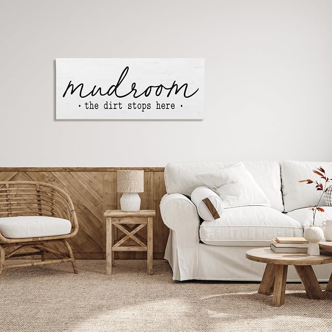 Dirt Stops Here Mudroom Phrase, 20 x 48 Inch Canvas Wall Art | Stupell Industries · By Lettered and Lined · Ready to hang · Clean farmhouse style for mudroom · Made in USA