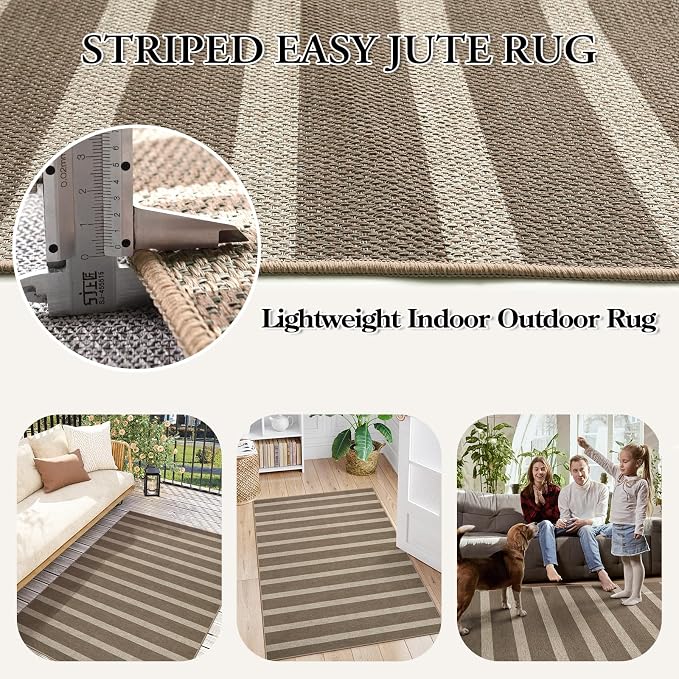 Lahome Striped Easy Jute Outdoor Porch Rug, 5x7 Dining Room Washable Rugs | Patio Area Rug, Modern Farmhouse Neutral Non Slip Stain Resistance Indoor Carpet for Office Deck Classroom Living Room, Khaki