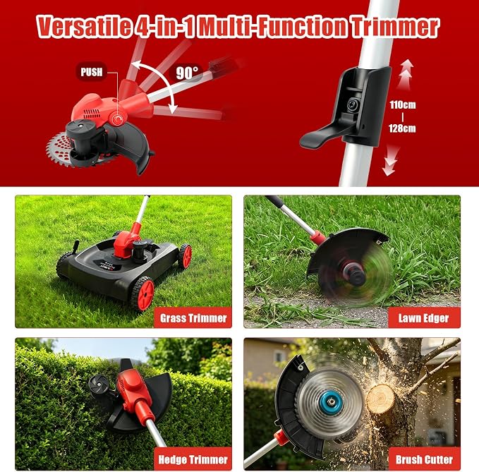4-in-1 Cordless Lawn Mower, Weed Eater and Edger Combo, Adjustable Height & Angle, Electric String Trimmer with Wheels Grass Trimmer for Garden Yard (2x4.0Ah Battery & Charger Included)