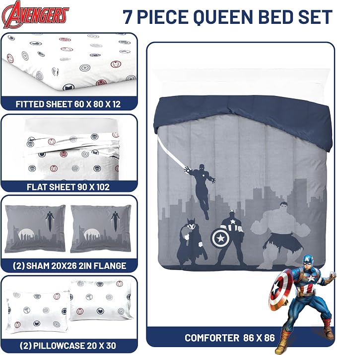 Marvel Avengers Queen Comforter Set 7 Piece Bedding for Boys, Blue | Captain America Iron Man, Bed in a Bag, Comforter Sheets Shams Pillowcases, Soft Microfiber, Machine Washable, Boys Gift