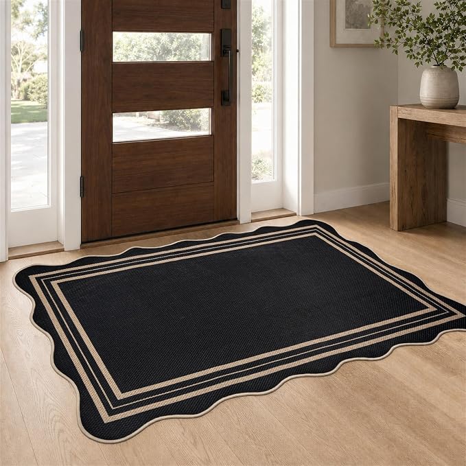 EDIMENS 2.6x4 Front Door Mat Easy Jute Scalloped Outdoor Small Entryway Rug | Non-Slip Washable Area Rug Low Pile Geometric Black Doormat Indoor Outdoor Farmhouse for Entrance Entry Front Porch Doorway