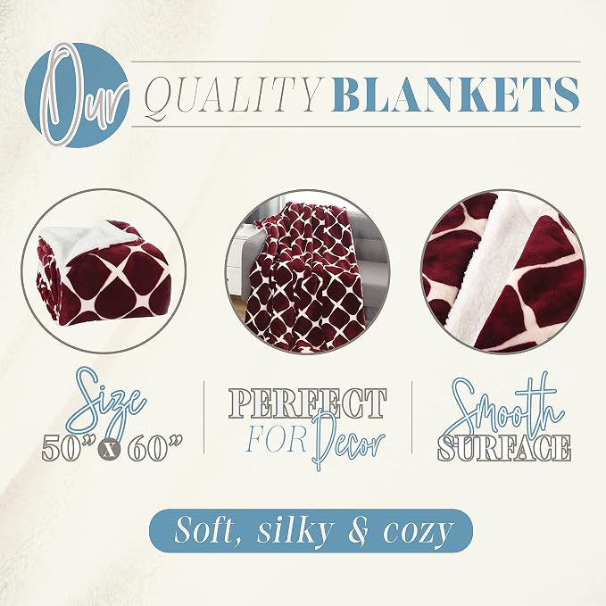 Elegant Comfort Reversible, Printed Sherpa Throw Blanket, All-Season Blanket- Super Soft, Cozy and Plush- Decorative Throw, Perfect for Lounging, 50 x 60 inches, Bloomingdale, Sherpa Throw Burgundy