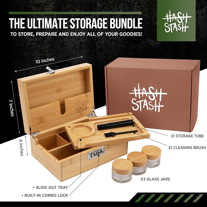The OG Storage Box - Large Bamboo Box with Combination Lock, Magnetic Lid, Organizer Tray, Airtight Tube and 3 Smell-Proof Jars - Discreet Decorative Locking Wooden Box with Accessories (Wood/Silver)