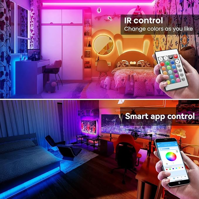TJOY LED Lights for Bedroom 100ft, RGB Color Changing Strip Lights Indoor | Music Sync Rope Lights via Bluetooth for Room Decor, Strong Adhesive, DIY