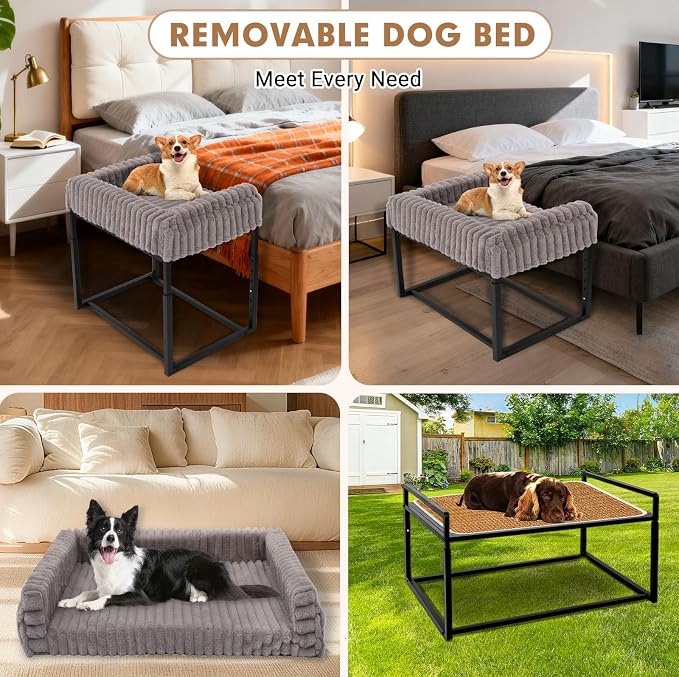 Beside Dog Bed, Adjustable Height Dog Bunk Beds, 27.5''x 18''Metal Dogs Bed Frame with Washable Removable Corduroy Cover, Memory Foam Pet Bed with Sides, for Small Dogs & Cats