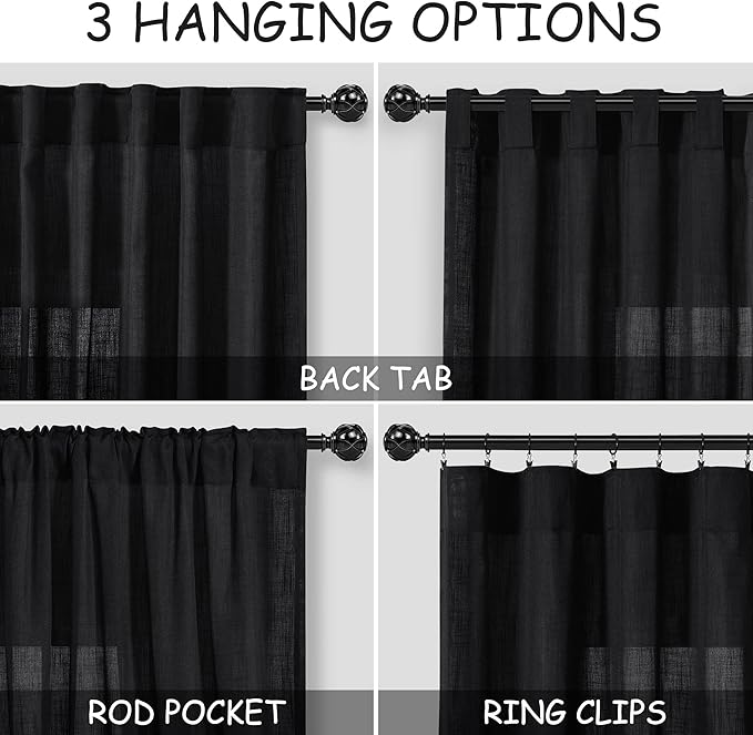 Linen Black Curtains 145 inch Extra Long for Living Room Back Tab Light Filtering Semi Sheer Drapes Modern Farmhouse Coastal Decor Cotton Textured Curtain for Floor to Ceiling High Window 52x145