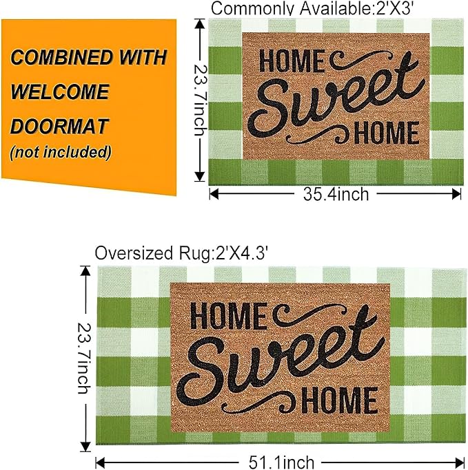 Buffalo Plaid Outdoor Rug 27.5''x 43.3''Green and White Checkered Rug Cotton Machine Washable Farmhouse Mat for Outdoor, Kitchen, Farmhouse, Entryway,Bathroom