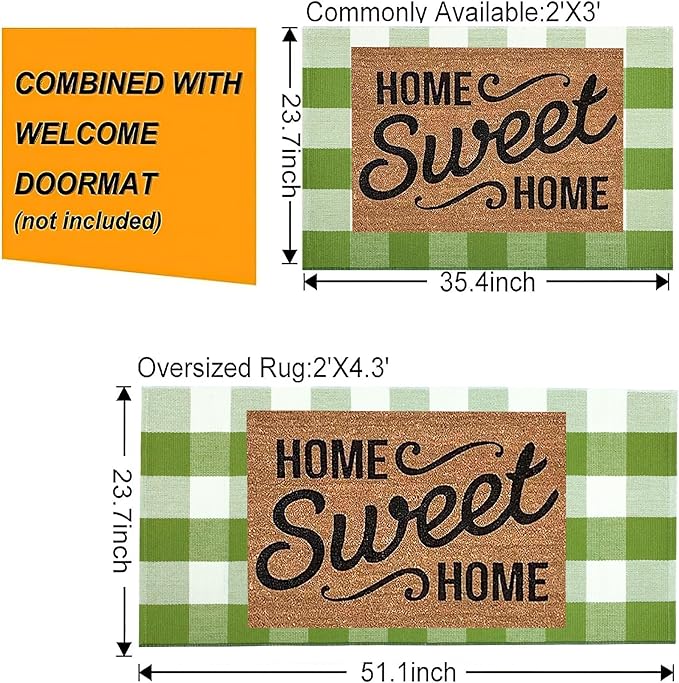 Layered Doormat 24''x35'' Green and White Buffalo Plaid Porch Mat Cotton Woven Washable Carpet for Layered Doormat Hello/Welcome Door Mat,Kitchen,Farmhouse,Entryway