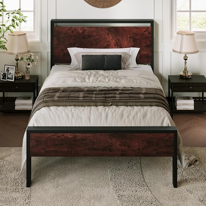 Allewie Twin Size Bed Frame, Heavy Duty 12 Metal Slats Support, Mahogany | Wooden Headboard and Footboard, Modern Platform Bed, No Box Spring Needed, Under-Bed Storage, Noise Free, Easy Assembly