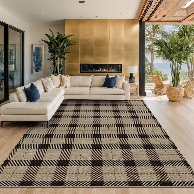 JTJ 8x10 Washable Outdoor Rug for Patio - Low Pile Easy Jute Plaid Area Rug for Porch, Deck, Backyard, Non-Slip Foldable Farmhouse Buffalo Check Carpet, Black & Beige