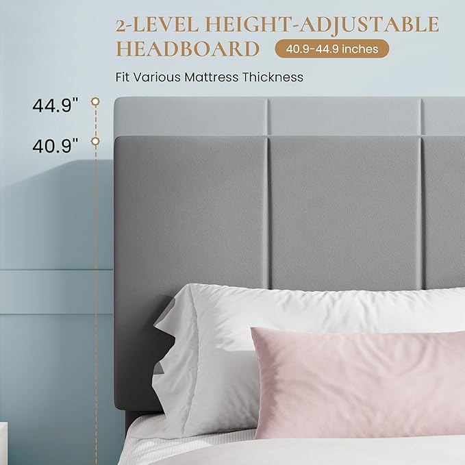 SHA CERLIN Queen Bed Frame, Velvet Upholstered Platform Bed, Vertical Channel Tufted Adjustable Headboard, Low Profile Bed Frame, No Box Spring Needed, Easy Assembly, Grey