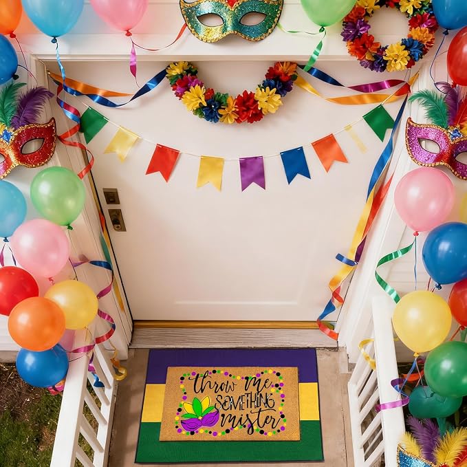 Moucuny 2 Pcs Mardi Gras Coir Doormat Outdoor Mardi Gras Welcome Outdoor Rug Layered Purple Yellow Green Stripe Rug for Carnival Front Porch Entryway Decor