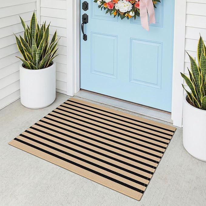 KOZYFLY Striped Rug 2x3 ft Brown and Black Stripes Doormat Cotton Woven Washable Indoor Outdoor Rug Front Door Mat for Entryway Porch Kitchen Patio Decor Small Area Rugs
