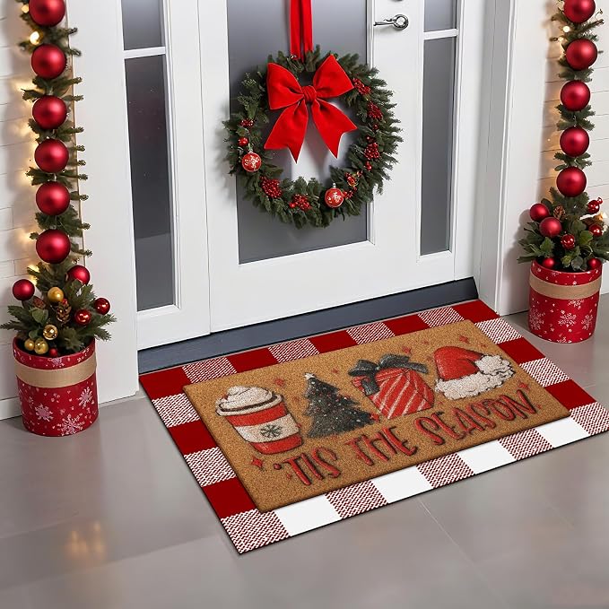 Tinideya 2 Pcs Christmas Layered Doormat Set, Tis the Season Welcome Mat and Red White Plaid Layering Rug, Xmas Front Porch Decorations for Entryway Doorway Outdoor