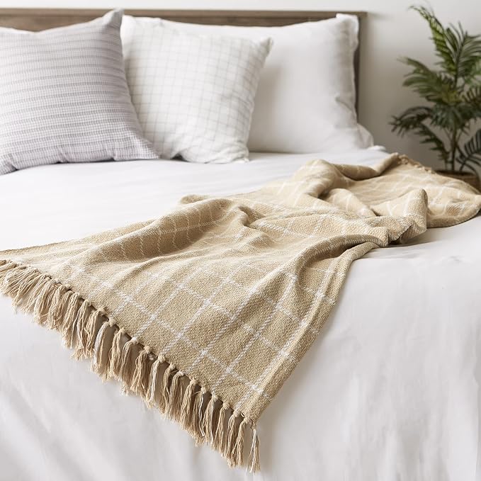 DII Transitional Checked Plaid Woven Throw, 50x60, Vintage Linen