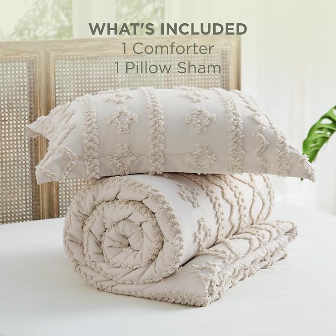 Bedsure Tufted Boho Comforter Set Twin Size - Ivory Boho Bed Set, GentleSoft™ 2 Pieces Farmhouse-Style Embroidery Bedding, Gifts for Woman, Soft Jacquard Twin Comforter for All Seasons