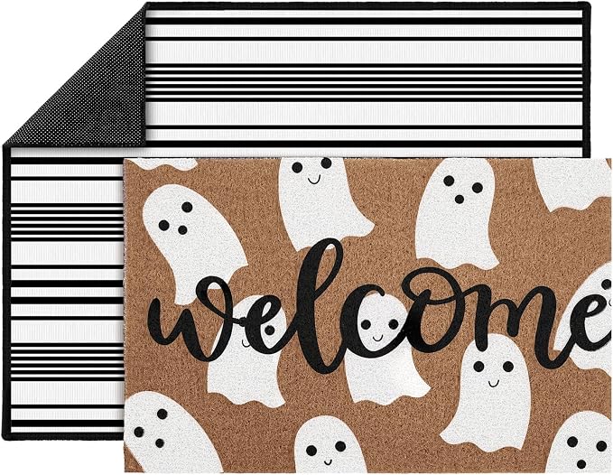 2Pcs Halloween Welcome Ghost Doormats, 16 x 24 in Brown Ghost Door Mat And 24 x 32 in Black White Striped Layering Rug, Fall Porch Decor For Indoor Outdoor Entryway Patio Kitchen Bathroom Floor
