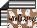 2Pcs Halloween Welcome Ghost Doormats, 16 x 24 in Brown Ghost Door Mat And 24 x 32 in Black White Striped Layering Rug, Fall Porch Decor For Indoor Outdoor Entryway Patio Kitchen Bathroom Floor