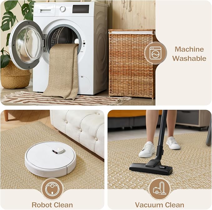 Rugalia Washable Woven Indoor Outdoor Runner Rug 2x6, Natural Beige Cotton Rug Runners for Hallway Non-Slip Long Kitchen Mat, Modern Neutral Throw Runner Carpet for Entryway Porch Patio