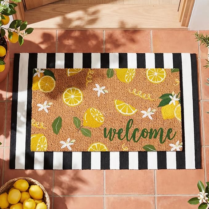 Moucuny 2 Pcs Lemon Coir Doormat Outdoor Summer Lemon Welcome Mats for Front Door 24'' x 35'' Black and White Striped Outdoor Rug 16'' x 28'' Layering Non Slip Summer Welcome Mat for Porch Front Decor